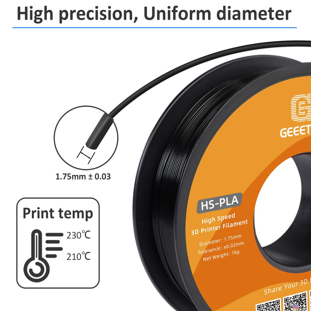 GEEETECH High-Speed PLA Filament 1.75mm 1kg 1 Spool, Fast Curing, Better Liquidity, HS-PLA High-Speed 3D Printing Filament