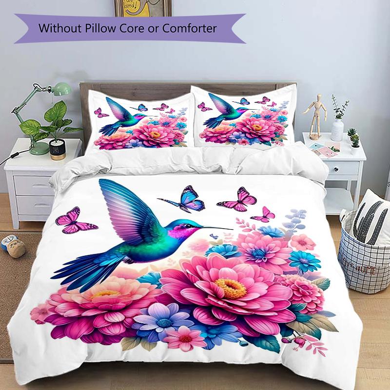 3pcs Hummingbird with Vibrant Blue Wings Quilt Cover Set (1 Quilt Cover + 2 Pillowcases Without Pillow Core), High-Definition Printing for Home a