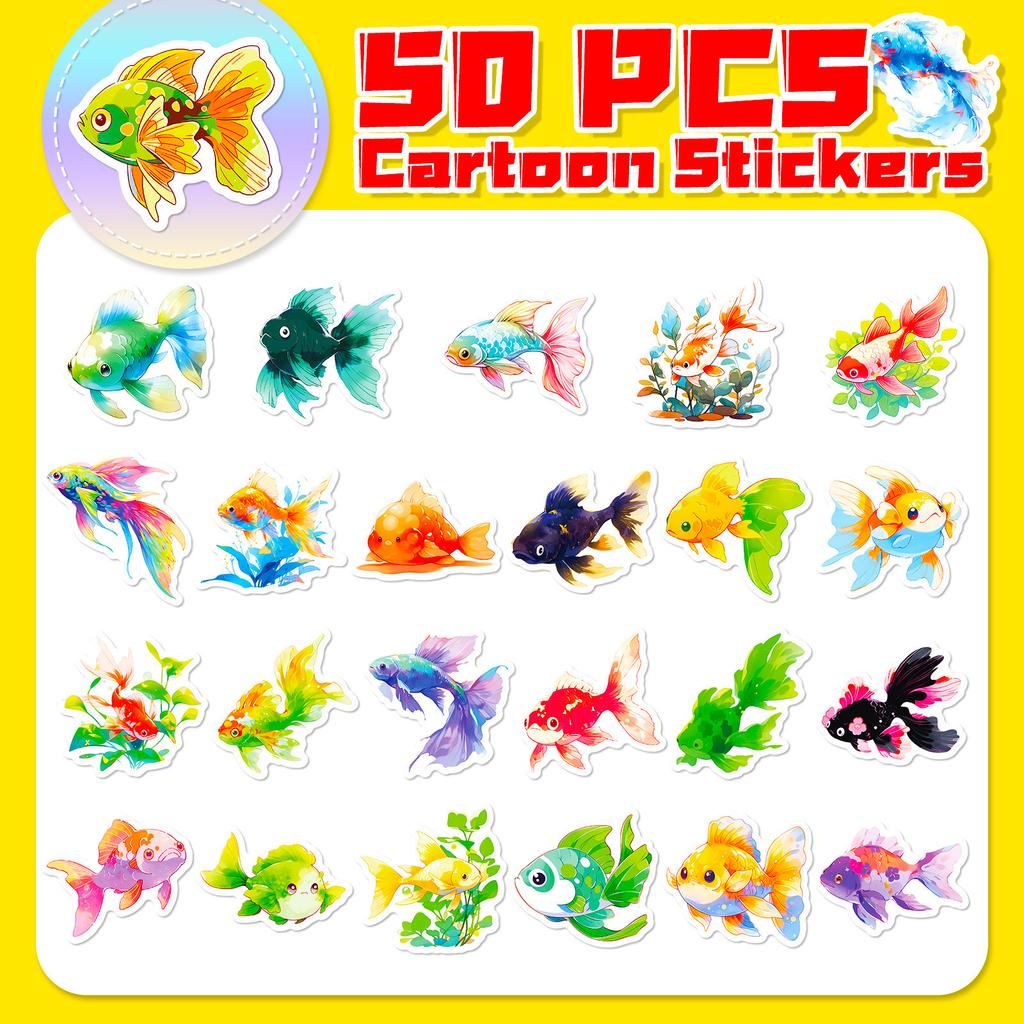 50 Colorful Small Fish Stickers New Products Tropical Underwater Ocean Cute Cartoon Small Goldfish Graffiti Stickers