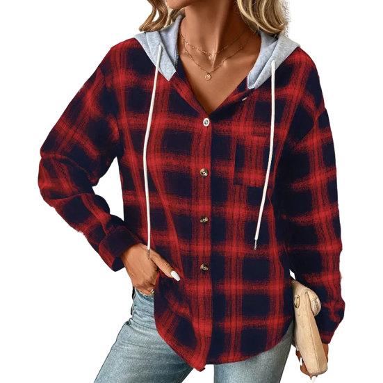 Autumn Winter Women Hoodie Coat Plaid Solid Color Stitching Hooded Drawstring Patch Pocket Long Sleeve Single Breasted Sweatshirt Jacket