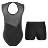 Girls Performance Leotard Sleeveless Round Neck Shiny Rhinestones Contrast Patchwork Design Waistband Shorts Set