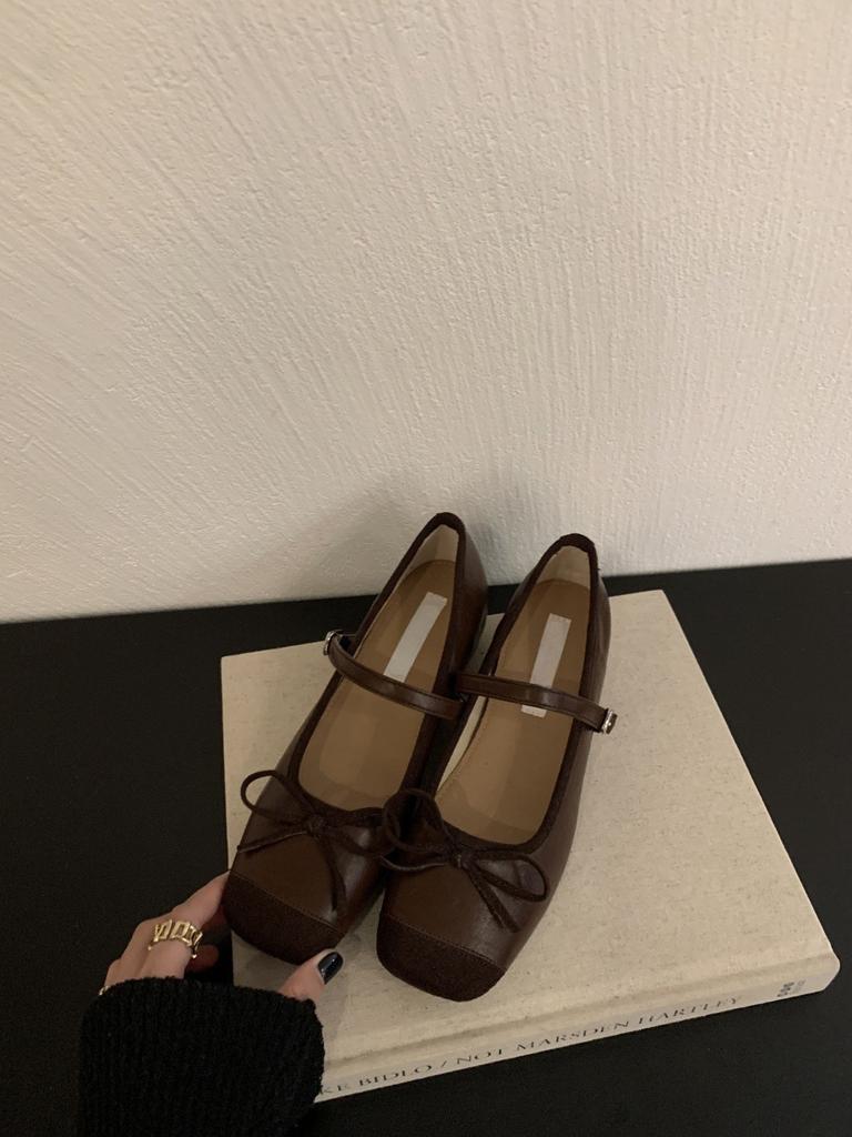 Inner Height Increase Mary Jane Shoes Women's Spring 2025 New Bow Square Head Silver Splicing Flat Ballet Shoes