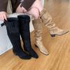 2025 ретро западные ковбойские сапоги сапоги на толстом среднем каблуке нишевый дизайн широкий обхват голенища квадратный носок пряжка ремешка накладные сапоги