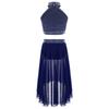 Girls Halter Neck Sleeveless Backless Rhinestone Vest High Low Mesh Skirt Set