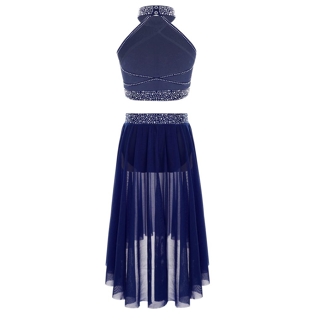 Girls Halter Neck Sleeveless Backless Rhinestone Vest High Low Mesh Skirt Set