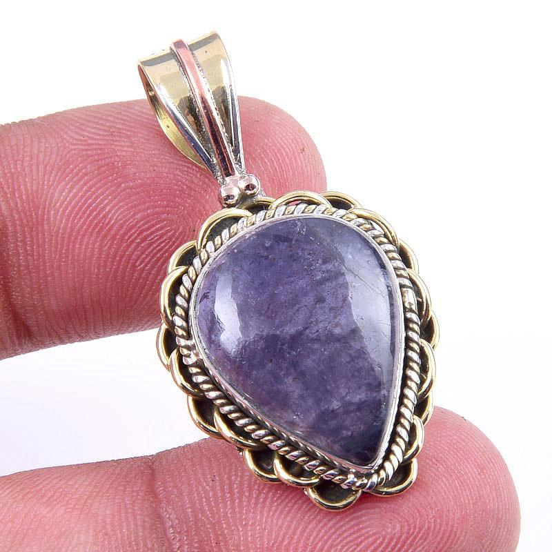 Natural Iolite Gemstone 925 Solid Sterling Silver Two Tone Pendant 1.50'' K7R56