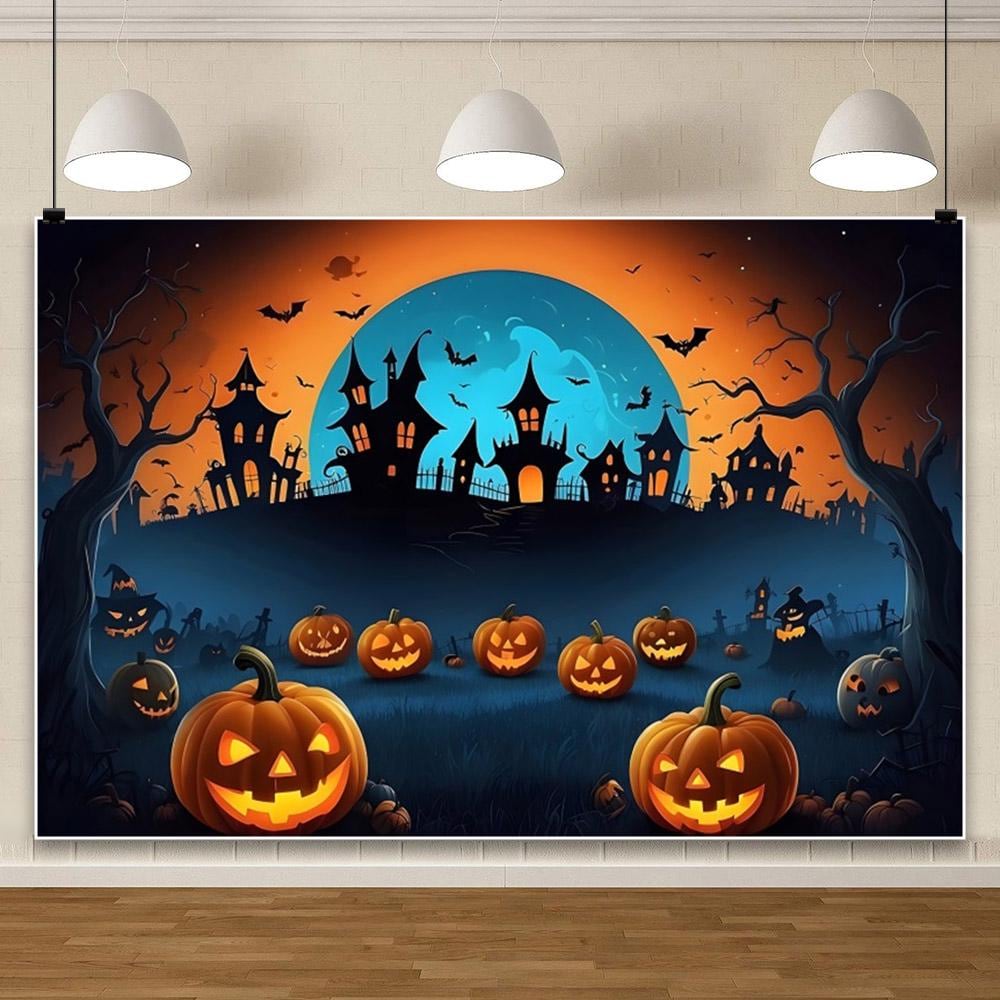 1pc Horro Halloween Party Backdrop Night Moon Gothic Castle Pumpkin Bats Banner for Halloween Themed Party Background Decoration