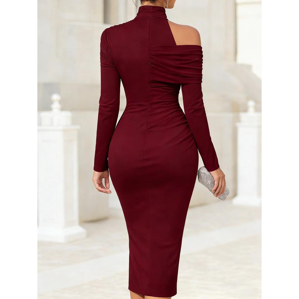 Women's new autumn elegant casual off-the-shoulder slit long-sleeved dress