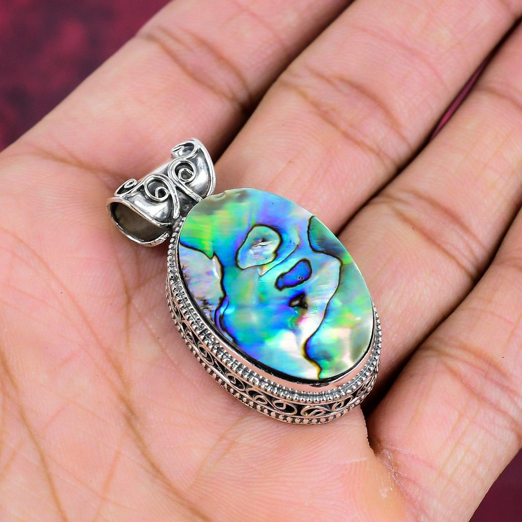 Abalone Shell 925 Solid Sterling Silver Pendant, Handmade Gemstone Jewelry Pendant, Gift For Mom