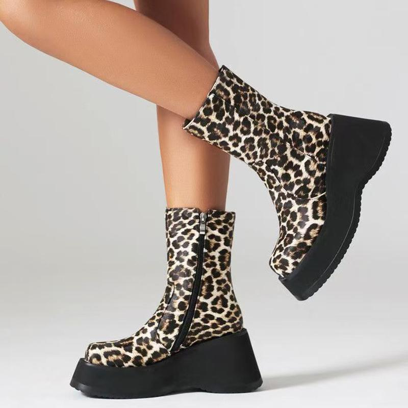 Leopard Platform Women Ankle Boots Fad Wedges High Heels Leather Shoes 2025 Trend Designer Goth Winter Motorcycle Botas De Mujer