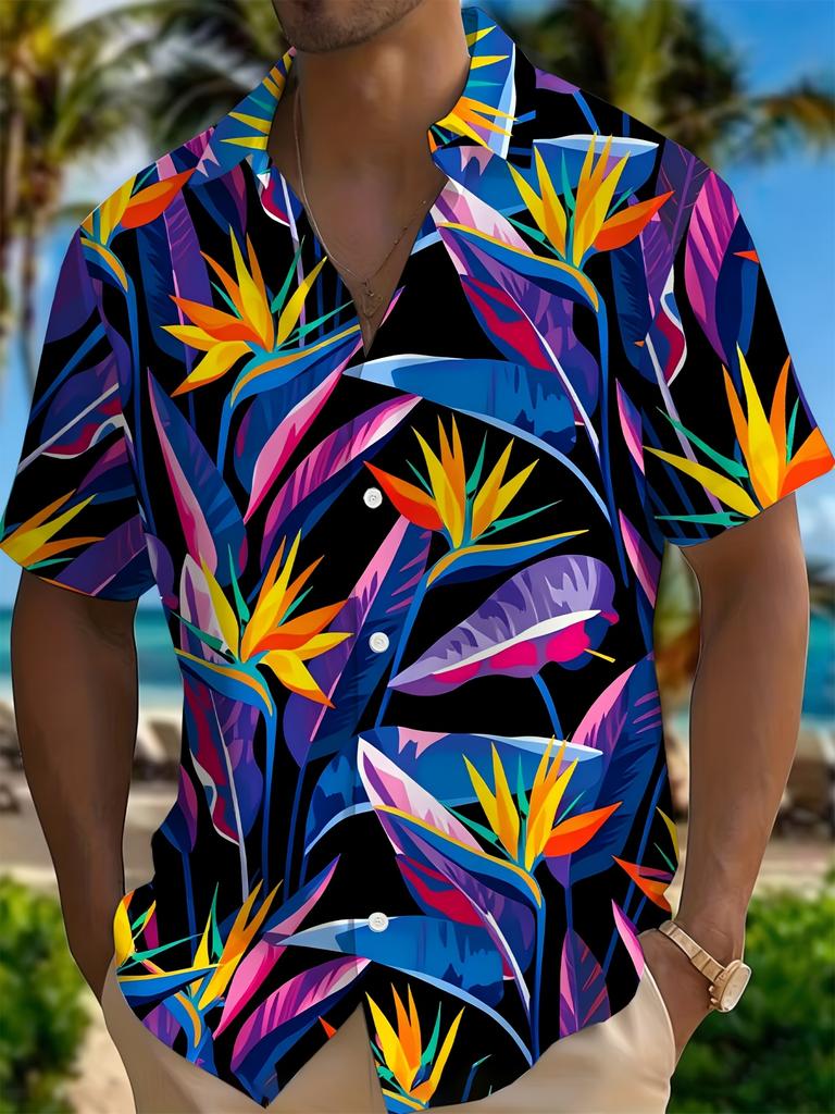 Bird of Paradise Flowers Hawaiian Short Sleeve Shirt Neon Color Block Cuban Collar Shirt Suitable for Beach Parties / Summer Vacations