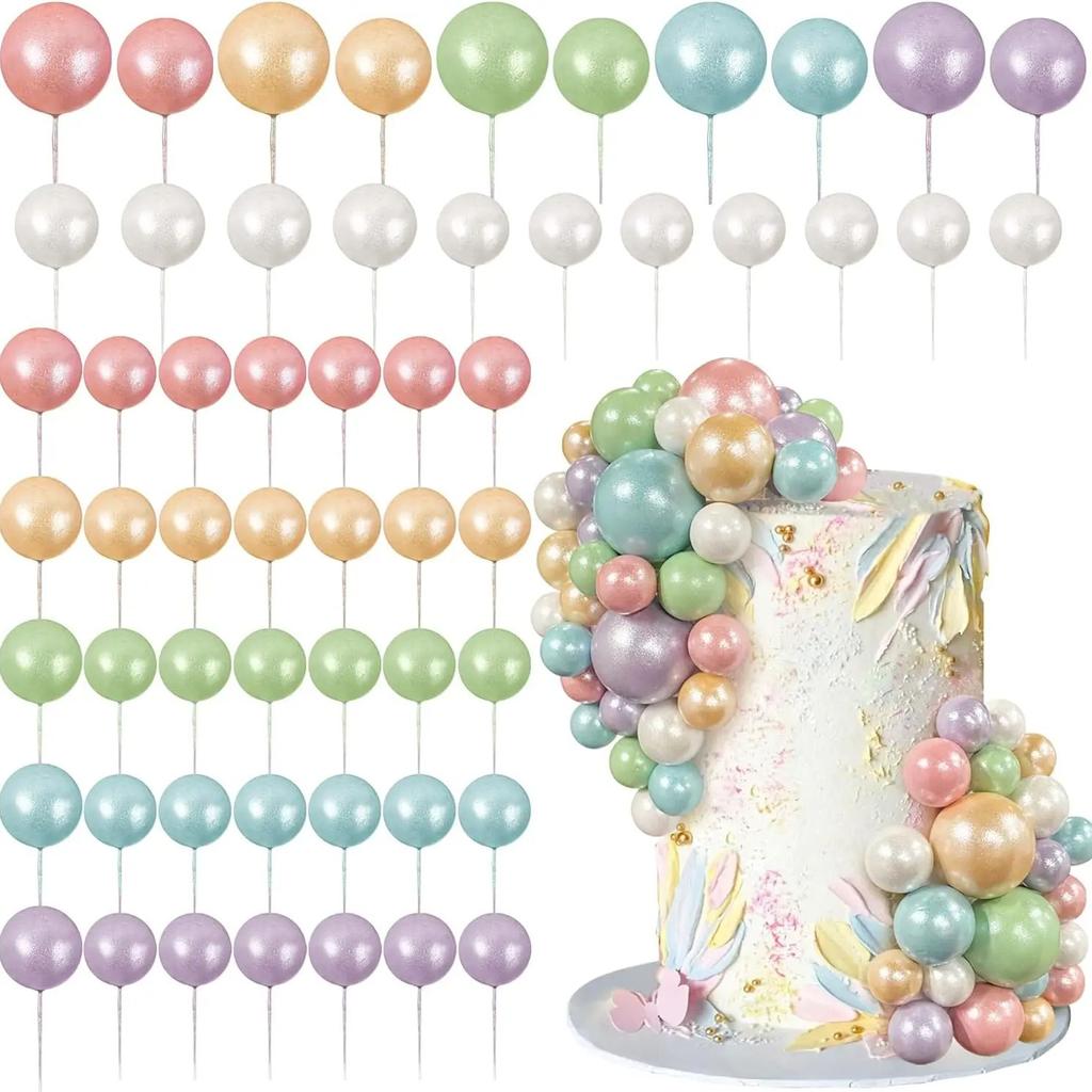 56 PCS Ball Cake Picks Colorful Ball Shaped Cake Topper Pearl Balls Cupcake Cake Insert Topper for Wedding Birthday Party