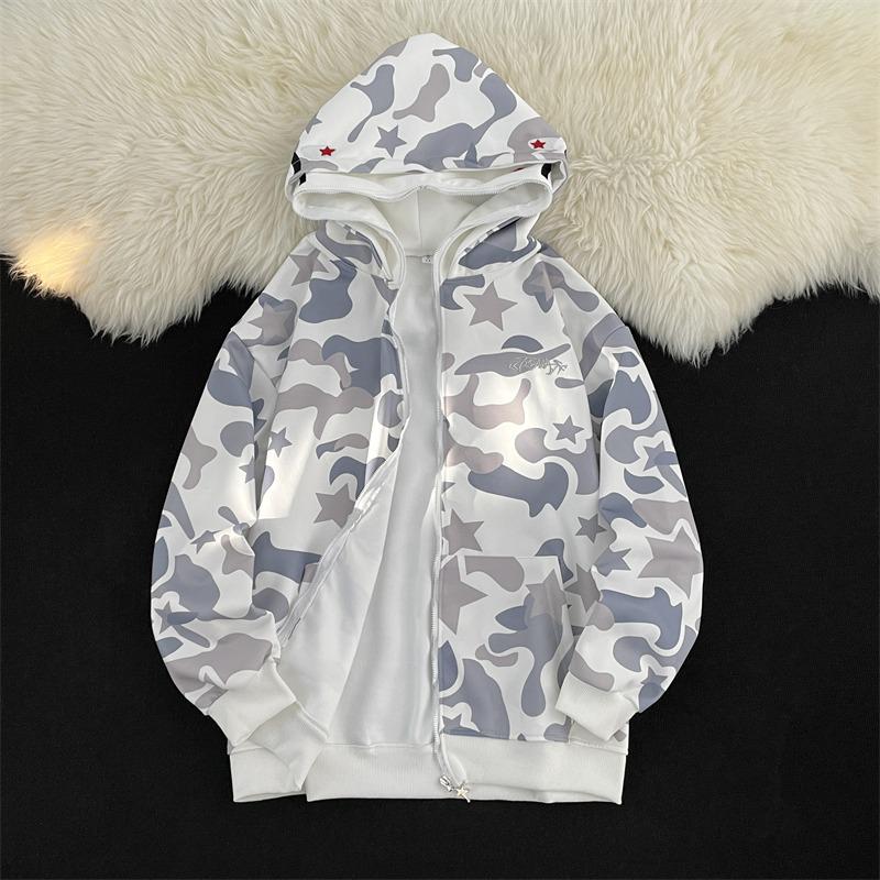 High Street Camo Shark Zip-Up Hoodie - Unisex, BF Style, Long Sleeve with Towel Embroidery
