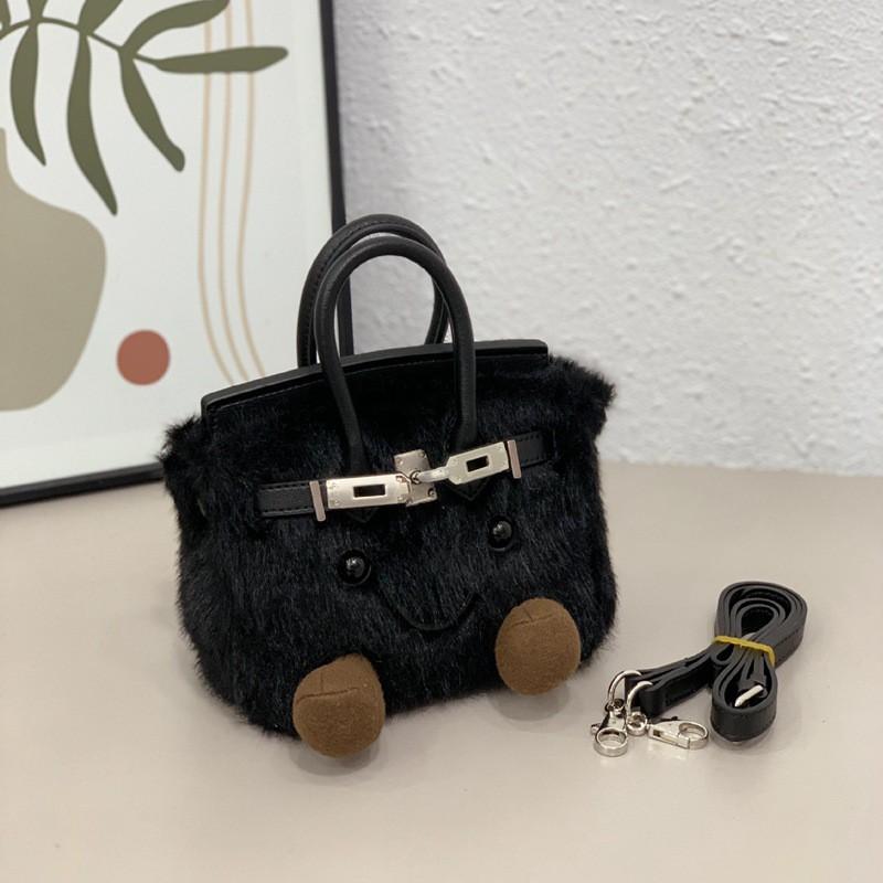 Mini Plush Shoulder Bag With Lock Soft Faux Rabbit Fur Crossbody Daily Streetwear