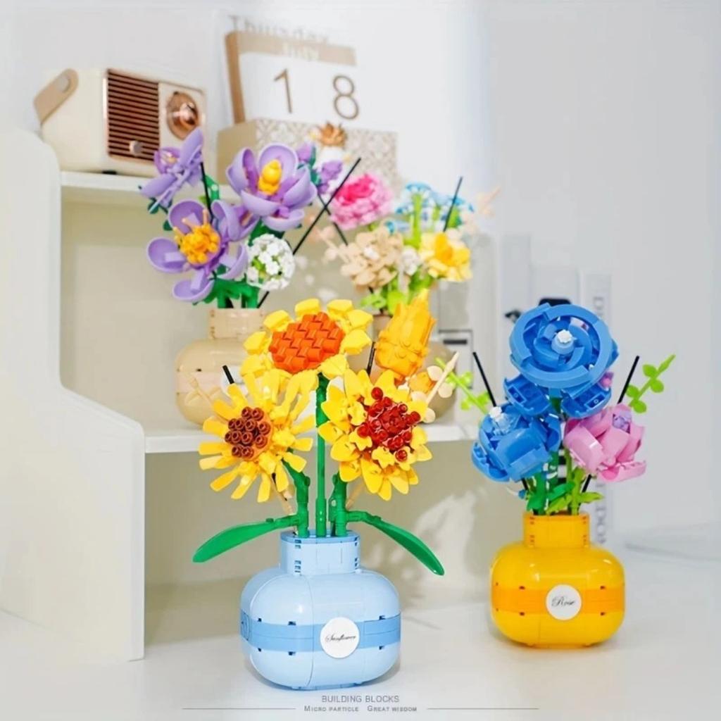 Building Block 3D DIY Eternal Sunflower Bouquet Romantic Rose Plant Potted Decoration Bricks Valentine's Day Girls Friends Gifts