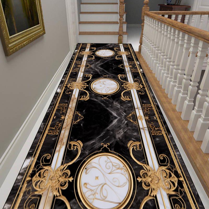 Luxury Black Gold Frame Home Long Corridor Carpet Non-slip Stairway Rug European Hotel Lobby Passageway Runner Customizable Mats
