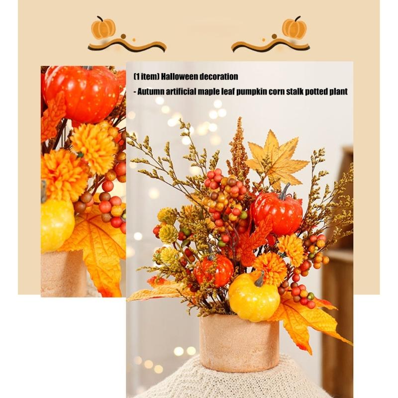 Artificial Maple Leaf Pumpkins Wheat Stalks Tabletop Planter Home Office Decoration Seasonal Display Ornament