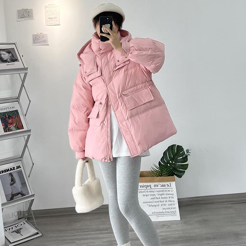 Hooded white duck down jacket women's 2024 winter new Dongmen waist tooling warm small jacket tide