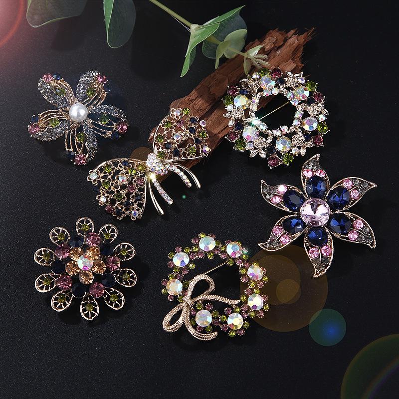 Luxury Vintage Crystal Color Gemstone Ribbon Flower Alloy Brooch Pin Corsage Accessories Brooch