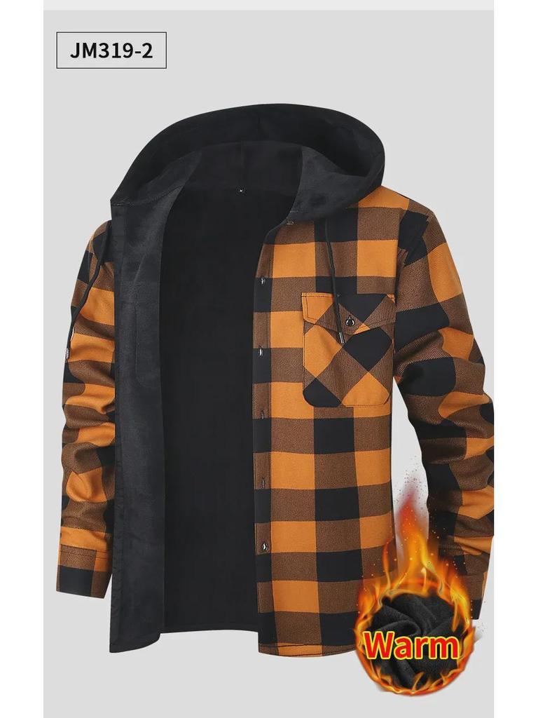 Plus Velvet Hooded Plaid Men's Long Sleeve Shirt - Large Size, Warm Casual Wear for Autumn/Winter 2025