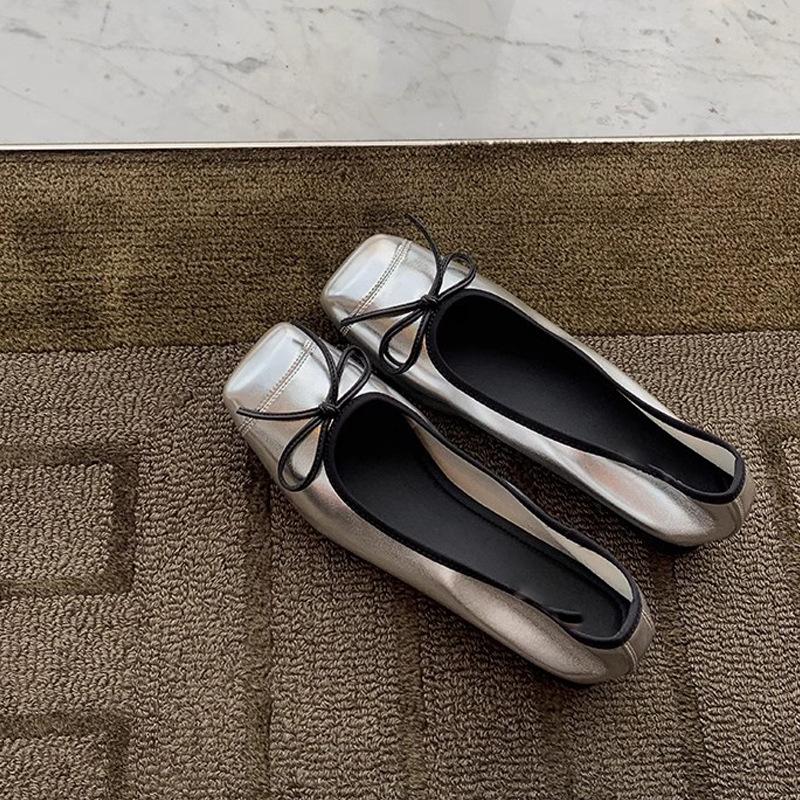 Виноградный мать дочь возвращается балетный стиль сращивание маленький квадратный носок неглубокий вырез одна педаль плоская подошва бант плоская подошва одинарная обувь женщины
