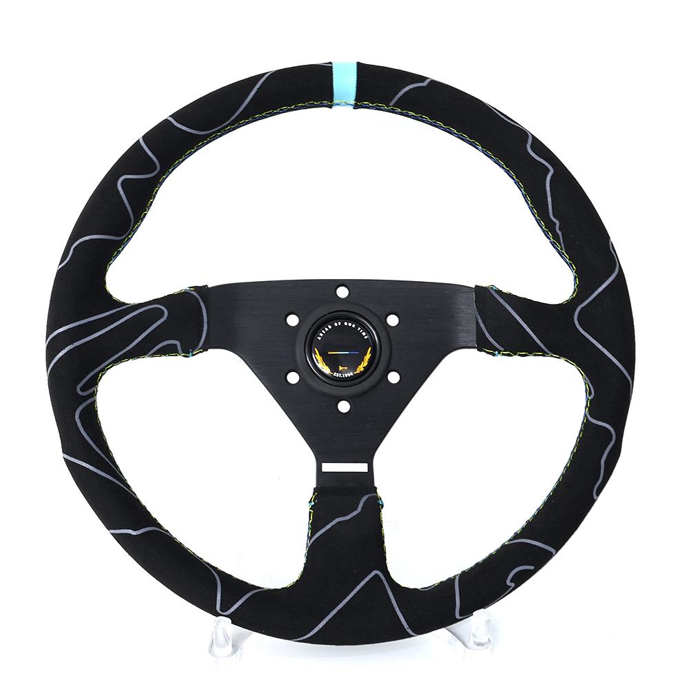 JDM Suede Leather Steering Wheel Drift Sport Pull Up Steering Wheel 14inch 350mm Flat V1