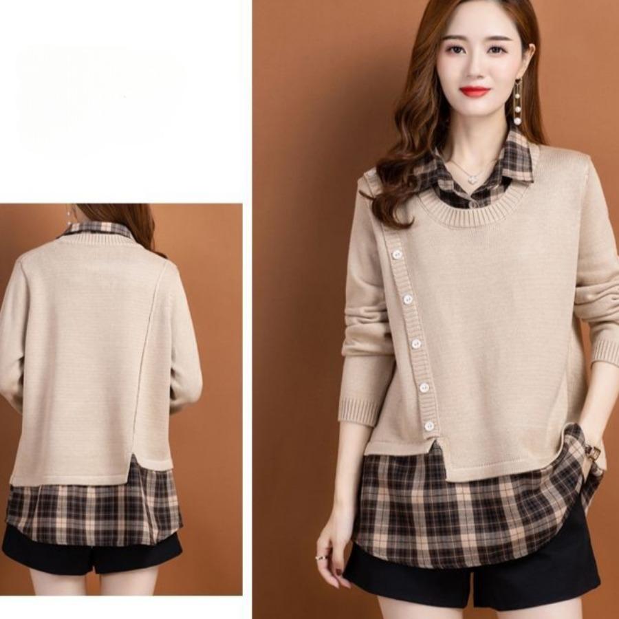 Fake Two Piece Women's Pullover Tops Solid Lapel Long Sleeve Shirt Knitted Sweater Fashion Buttons Loose Base Sweater