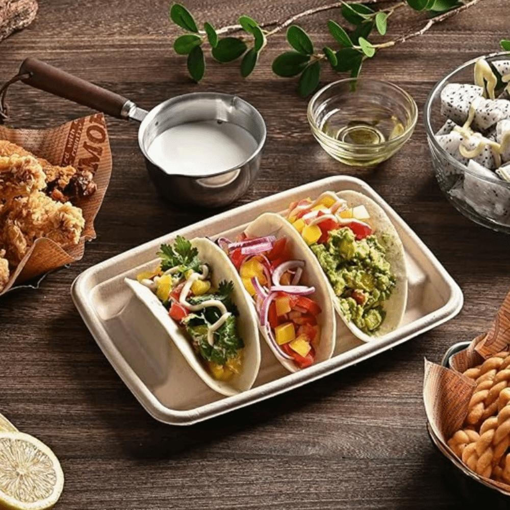 50Pcs Biodegradable Taco Holder 3 Compartments Taco Serving Tray Disposable Taco Plates Restaurant