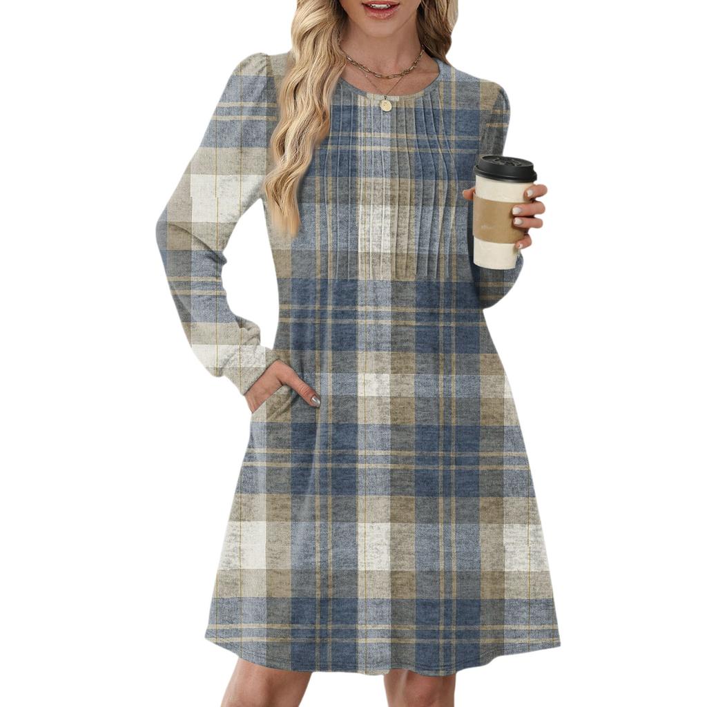 Женское повседневное платье с длинным рукавом, плиссировкой, круглым вырезом, принтом в клетку и полоску и карманами