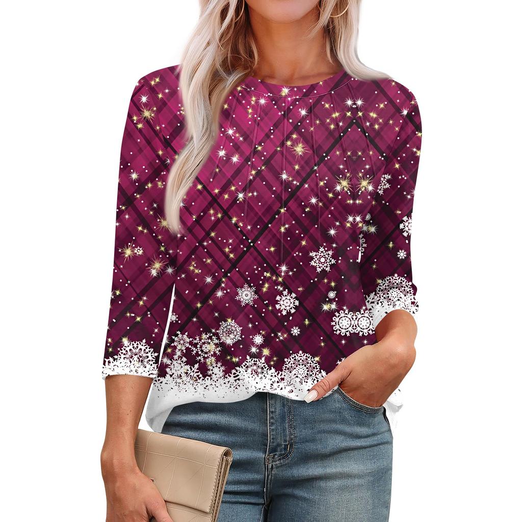 Женская модная футболка с круглым вырезом и рукавом 3/4 с принтом, повседневная, базовая, плиссированная, пуловер