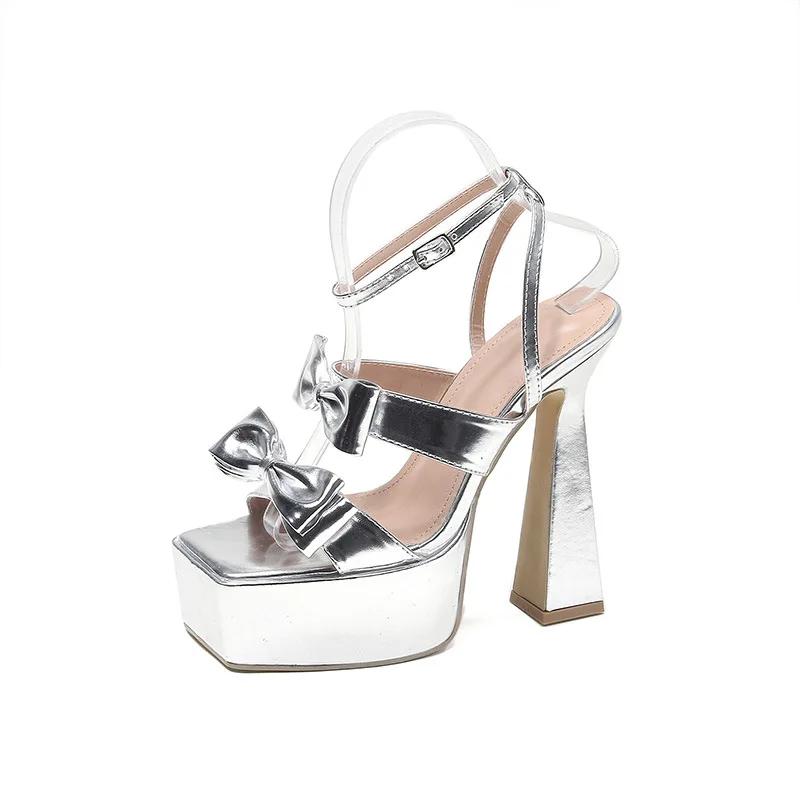 Модные женские босоножки на платформе с квадратным носком, однотонные, с пряжкой-бабочкой, ремешком, открытым носком, на толстом высоком каблуке