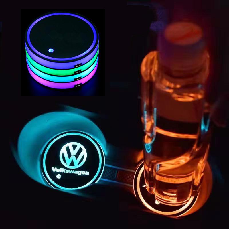 Valve Stems Caps 7 Color LED Car Water Cup Pad Cup Holder Light Luminous Coaster For VW Volkswagen R Rline Polo GTI Jetta Golf CKD1