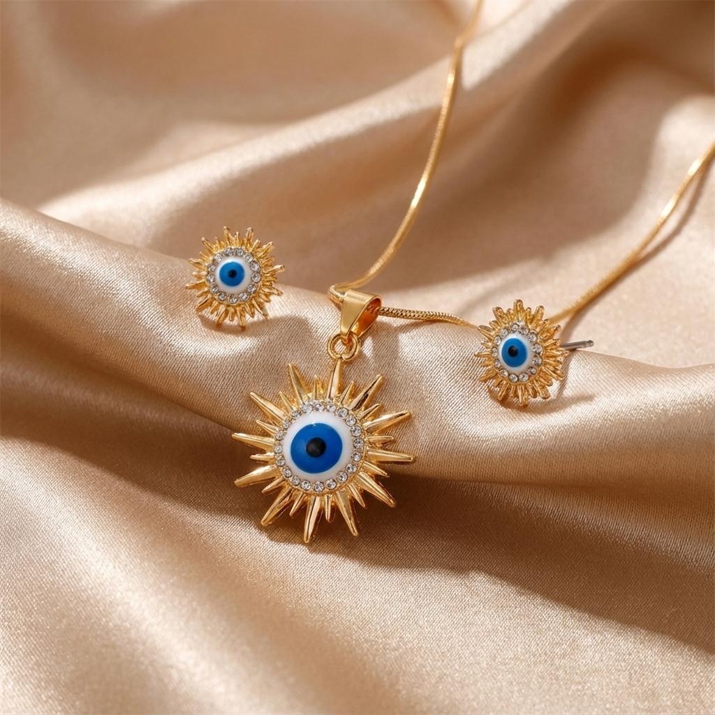 Classic Stainless Steel Jewelry Set for Women Micro Zircon Turkish Lucky Evil Eyes Sun Necklace Earring Party Beach Gifts
