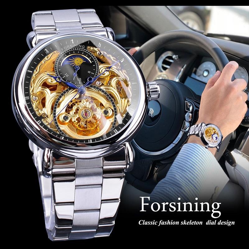 Forsining Мужская мода, отдых, полая луна и механические часы с полой поверхностью