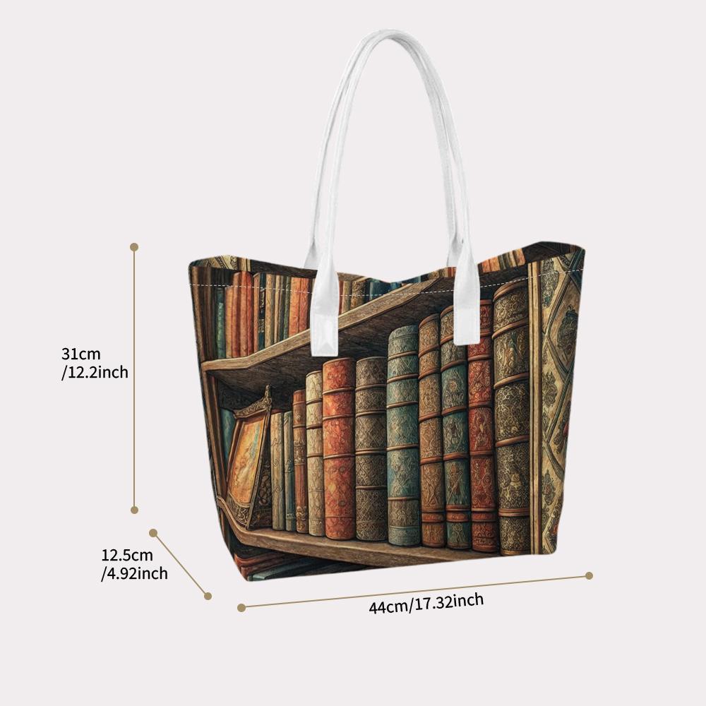 Vintage Bookshelf Print Tote Bag Casual Daily Shoulder Bag for Book Lovers Shopping Handbag