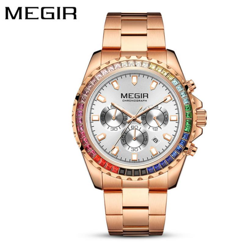 MEGIR Fashion Diamond Inlaid Rainbow Dial Watches Waterproof Luminous Calendar Multifunctional Quartz Watches