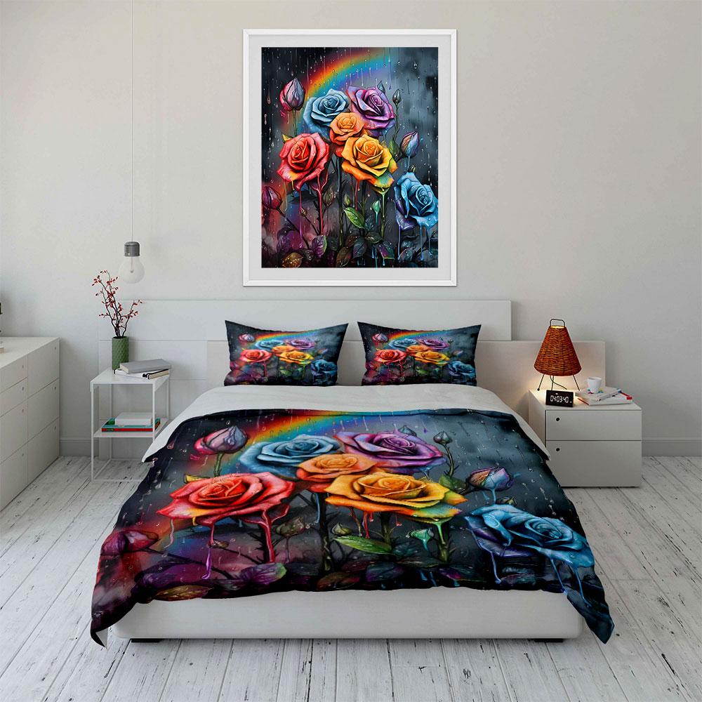 "Colorful Rose Decoration Set" Bedding Set with 1 Duvet Cover 2 Pillowcases Single Double King Queen, Gift