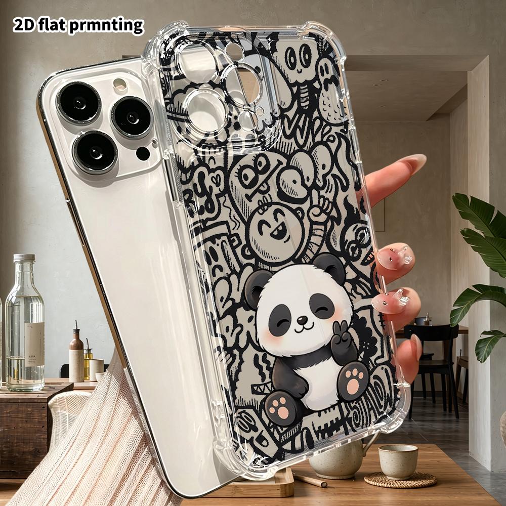 Phone Case: 2D flat suitable for iPhone 18 17 16 15 14 13 Pro transparent corner protection case, panda, Christmas and Halloween gifts
