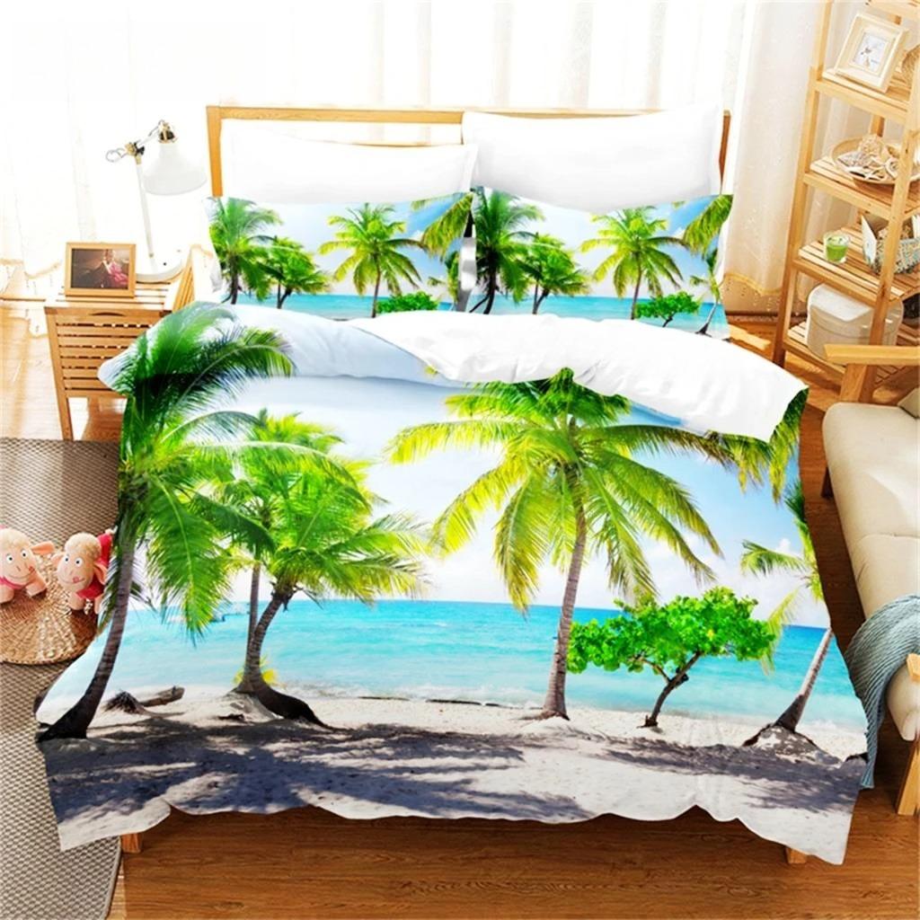 3D Beach Coconut Tree Duvet Cover Set Ocean Plants Bedding Set for Boys Girls Bedroom Decor