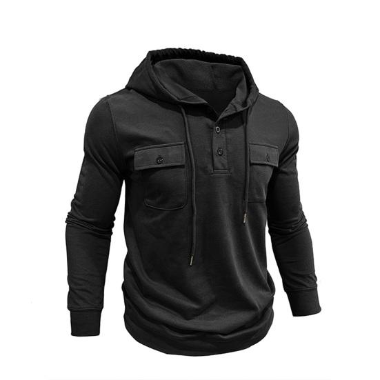 Fall Spring Men Top Drawstring Chest Pockets Buttoned Hooded Long Sleeves Pure Color Elastic