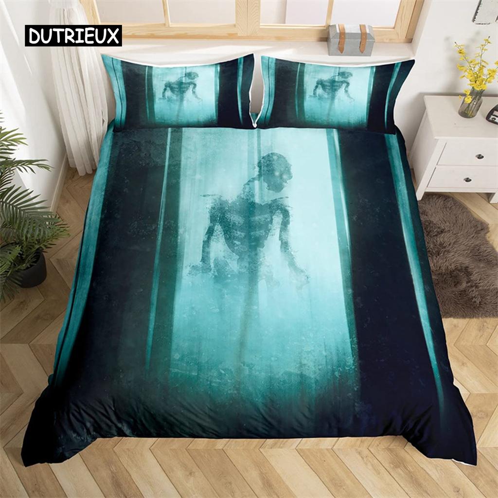 Skull Duvet Cover Set Queen Black Skeleton Paisley Floral Pattern Bedding Set for Teen Adult Polyester Halloween Comforter Cover