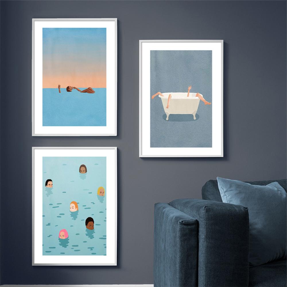 Плакат на скандинавскую тему, вечеринка в бассейне, плавание, дайвинг, ванна, кофейная девушка, абстрактное настенное искусство, холст