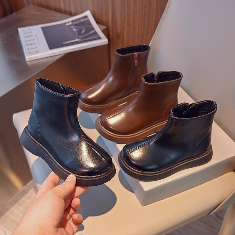 Children Fashion Boots Simple Style Girls Ankle Boot Causal Black Kids Short Leather Boots Side Zipper Autumn Winter 2024 New
