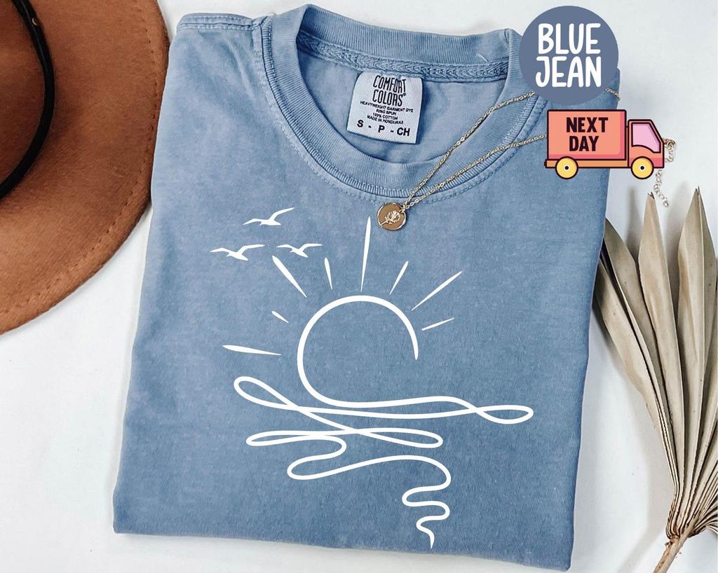 Comfort Colors® Sun Ocean Shirt, Linear Graphic Boho Summer T-Shirt, Trendy Beach Tee, Cute Minimalist Summer Tee