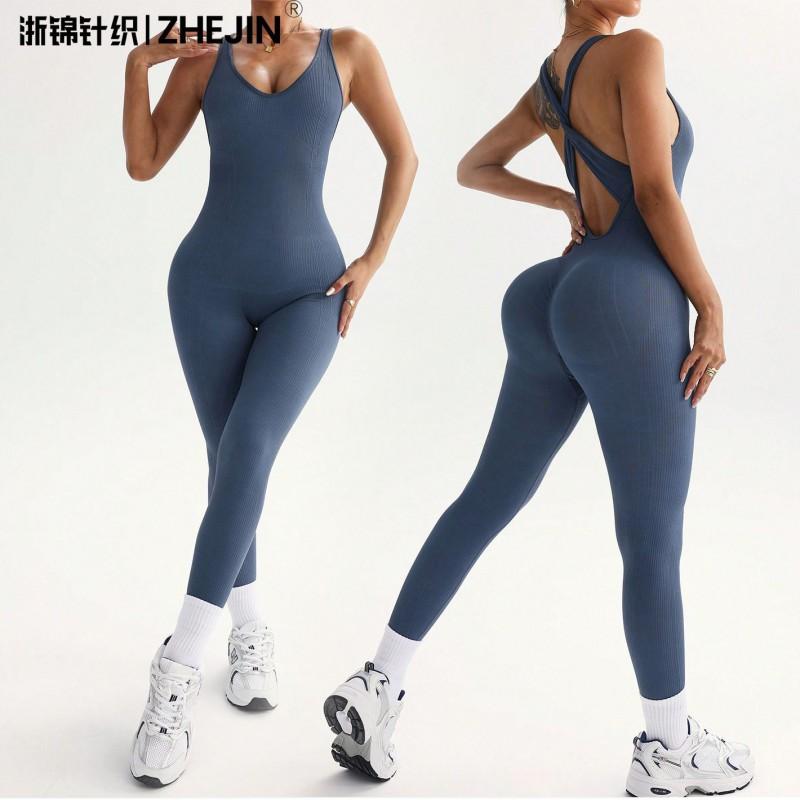Womens Seamless Stretch Fitness Jumpsuit Yoga Bodysuit With Moisture-Wicking Fabric Gym Outdoor Workout