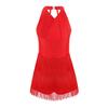 Girls Latin Dance Costume Glittery Rhinestones Fringe Leotard Halter Neck Sleeveless Strappy Back Tassel Jumpsuit