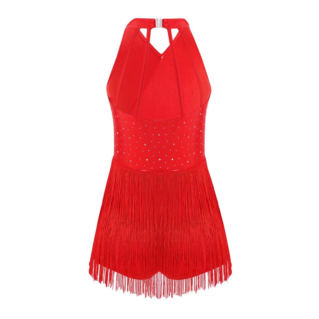 Girls Latin Dance Costume Glittery Rhinestones Fringe Leotard Halter Neck Sleeveless Strappy Back Tassel Jumpsuit