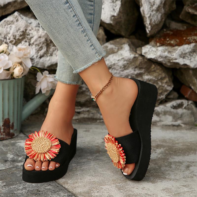 Fashion Sunflower Wedges Sandals for Women Plus Size Thick Sole Non Slip Slippers Woman Summer Light Comfort Chunky Platform Slippers