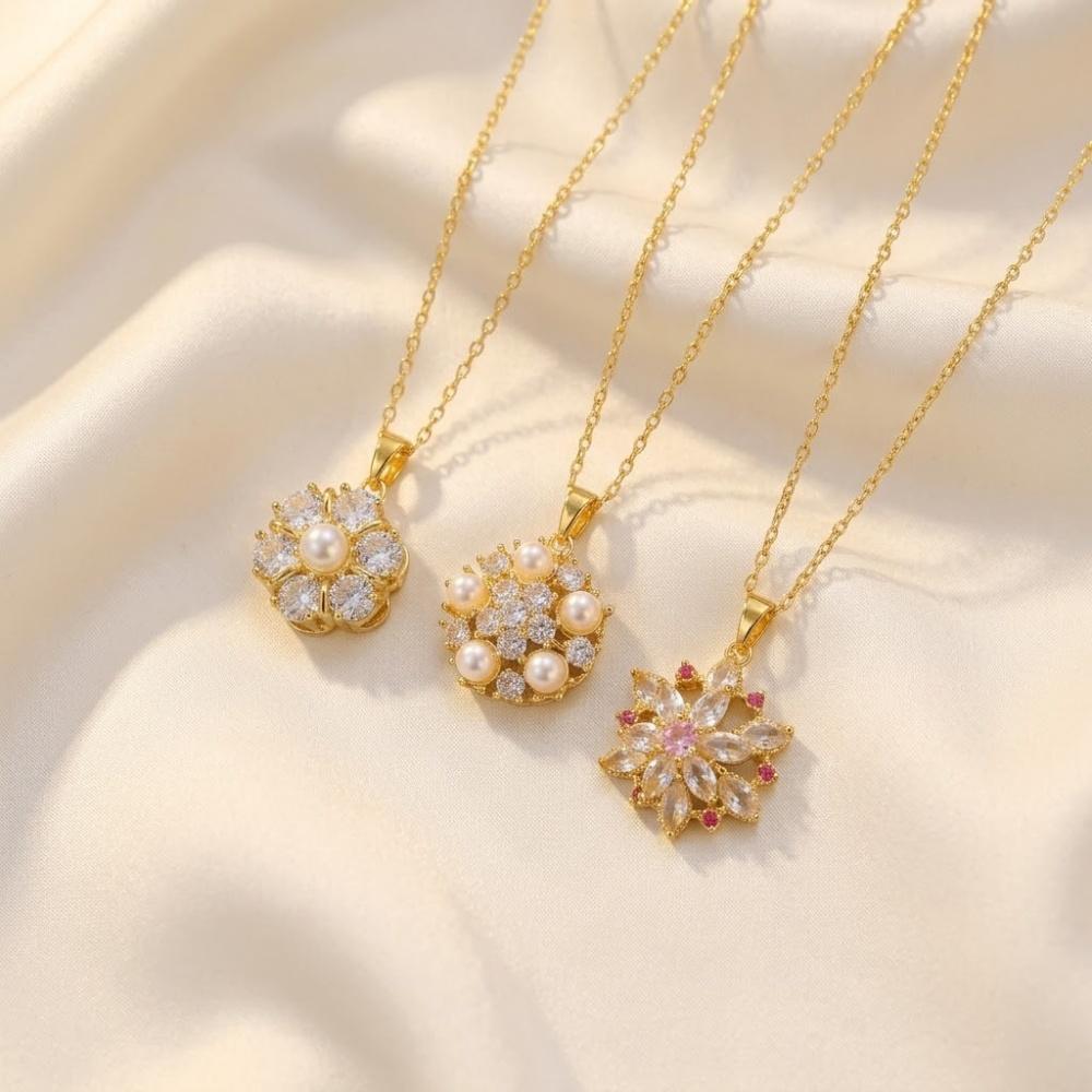 Cute Plant Female White Zircon Stone Pearl Flower Skeleton Pendant Necklace Gold Color Wedding Jewelry For Women