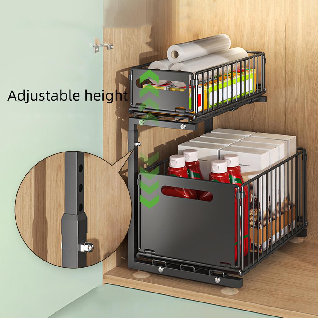 Kitchen Pull-out Storage Rack with Height-adjustable Under Sink Pull Basket Spice Rack Layered Bathroom Organization Rack
